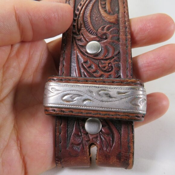 VTG Brown Eagle Leather Belt metal tips tooled size 36 & 1 1/2" wide - Picture 2 of 15